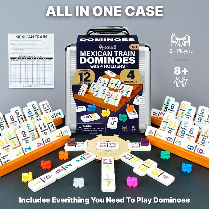 Queensell Mexican Train Dominoes Set with Numbers and 4 Holders - Wooden Hub and Domino Holders - Double 12 with Numbers (D12 Numbers + 4 Holders)