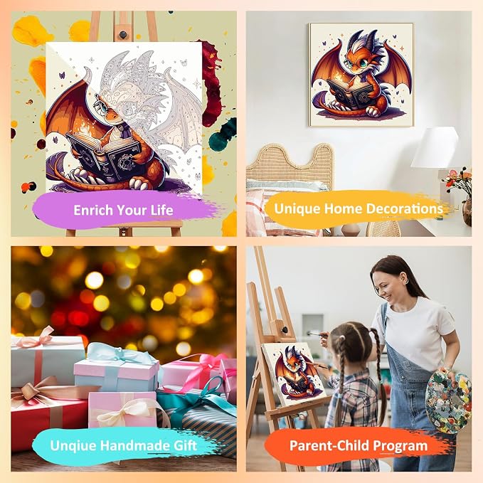 Paint by Numbers Kit for Kids with Frame, Dragon Paint by Numbers for Kids Ages 4-8-12, DIY Dragon Acrylic Oil Painting for Home Wall Art Decor Gift 7.8x7.8 inch (with Frame Easel)