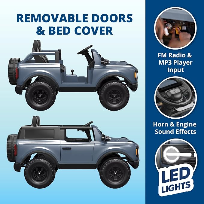 Kid Trax 12V Ford Bronco Ride-On Toy for Ages 3-7, Battery Powered, LED Headlights, FM Radio, MP3, Horn, 2-Seater, Max Weight 130 lb, 2 Speeds, Electric Car for Kids, Kids Ride on Toys, No Remote