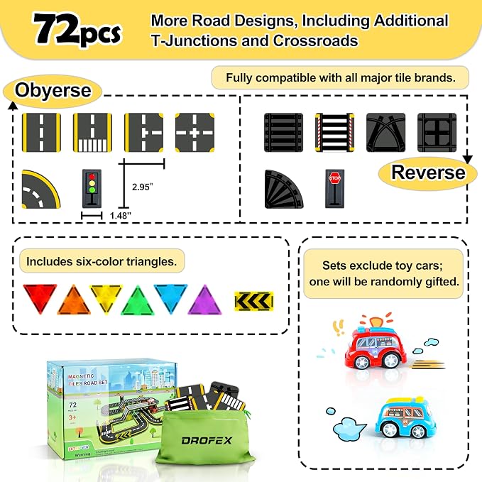 72pcs Upgraded Magnetic Tiles Road & Train Dual-Sided Expansion Pack, Magnetic Building Blocks Construction Toy for 3+Year Old Boys Girls, Kids Toys Montessori Toys for Toddler, STEM Learning Gifts