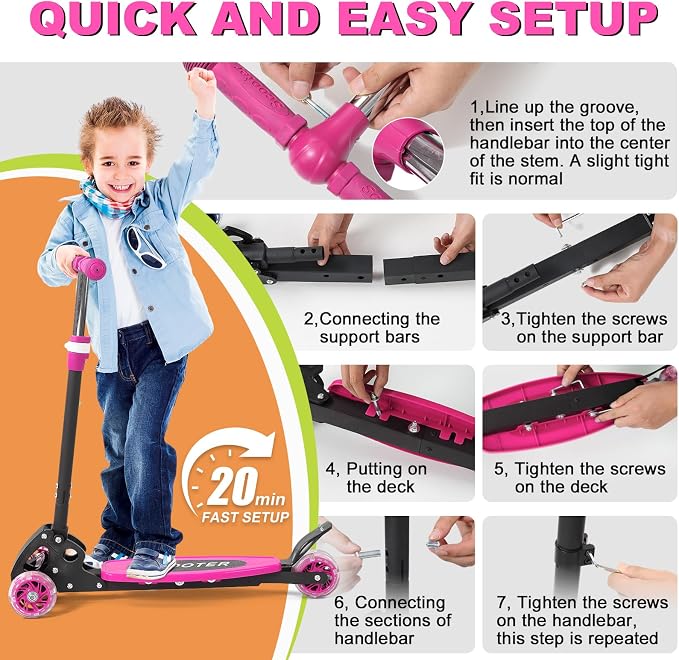 Scooters for Kids 6-8 8-12, Folding 3 Lighted Wheels Kick Scooter,3 Adjustable Height Handlebars, Lean-to-Steer,Widen Anti-Slip Deck, Heavy Duty Scooter for Boys Girls Ages 6-12,up to 170 Lbs
