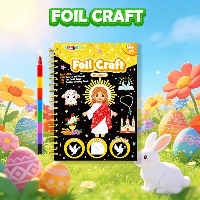 FUNNYB&G Foil Art Craft Kit for Kids 4-10 Years Old: Mess-Free & No-Glue, Create 16 Sparkly Christian Pictures – Perfect Travel Toy & Birthday Gift for Kids (Christian)