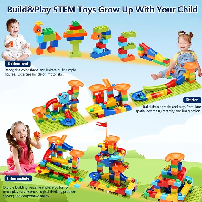 COUOMOXA Marble Run Building for Kids: STEM Building Blocks Set Compatible with Classic Bricks - Educational Toys for Kids Ages 3 4 5 6 7 8+ Home Classroom for Boys Girls