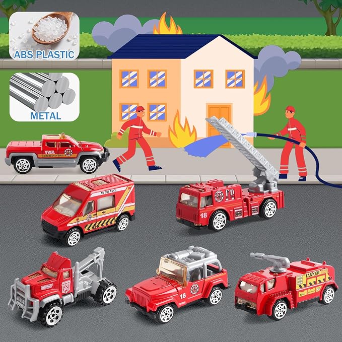 6 Pack Diecast Fire Truck Vehicle Toy - Mini Car Metal Model Toy Set - Kids Fire Engine Emergency Vehicles Set for Boys Girls - Gifts for 3 4 5 6 7 Year Olds