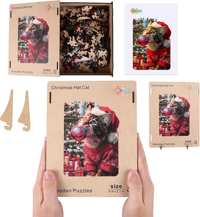 MEATRN Christmas Hat Cat Jigsaw Puzzles - 490 Pcs Handmade Wooden Puzzle with Unique Shapes, Stress Relief & Educational Fun, Family Game Night 13.4×18.3 Inch, Best Gift for Friends