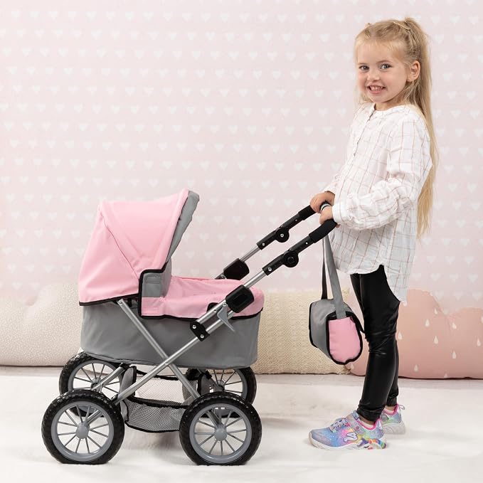 Bayer Design Baby Doll Stroller & Doll Pram for Kids Ages 2-8, Adjustable Handle, Grey/Pink