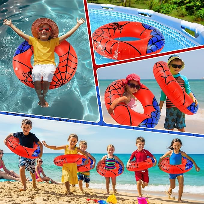 4 Pcs Spider Party Pool Floats, 24 Inch Web Pattern Swim Rings for Kids Ages 5-8 Pool Tube, Inflatable Pool Toys for Hawaiian Luau, Beach, Water Park Fun