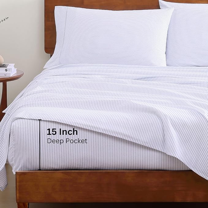 LANE LINEN Full Size Bed Sheets 100% Organic Cotton Soft - Ticking Stripe | Full Sheets In Organic Cotton Percale - Breathable For Year-Round Sleep, Best-Value Organic Cotton, Affordable Organic Luxury