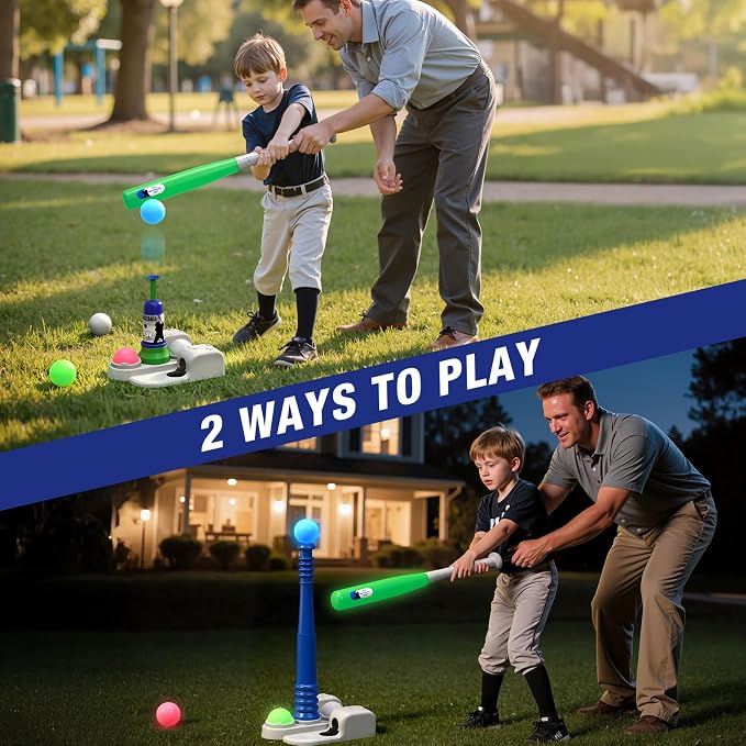 QDRAGON 2 in 1 T Ball Sets for Kids 3-5 5-8, Tee Ball Set with Automatic Pitching Machine/Adjustable Batting Bat & Stand/6 Balls, Baseball Toys Outdoor Sport for Toddlers Boys
