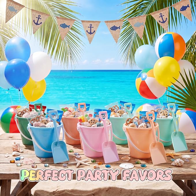 Lunmon 72 Pcs Beach Toys for Kids 24 Set Sand Buckets Shovels Bulk Pastel Beach Balls Inflatable Sand Toys for Girls Boys Toddlers Games Birthday Summer Pool Party Favor (Morandi, Vivid)