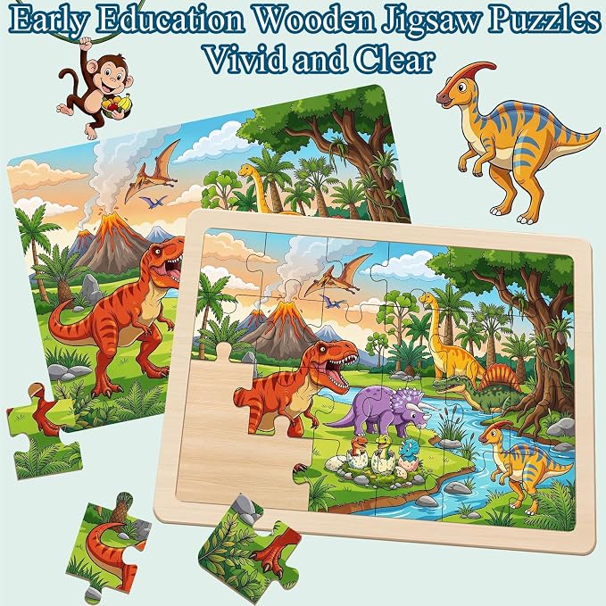 Wooden Puzzles Dinosaur Toys for Kids Ages 4-6, 4 Packs 24 Piece Puzzles for Toddlers 3-5 Preschool Educational Jigsaw Puzzles Boards Toys Gifts for 3 4 5 6 Boys Girls