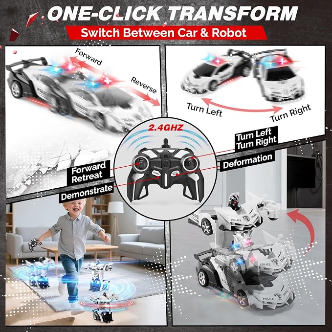 2.4G Remote Control Transformer Car, Rechargeable RC Police Car Toy with Flashing Lights, Convertible Robot & Vehicle, Gift for Kids,Police Transformer Cars for Boys 4 5 6 7 8 9 10 11 12 (Black/White)