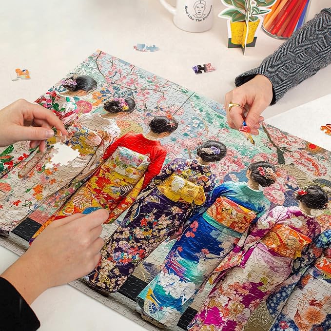 PICKFORU Elegant Kimono Puzzles for Adults 1000 Pieces, Intage Cherry Blossom Geisha Puzzles, Colorful Unique Japanese Art Puzzle as Wall Decor