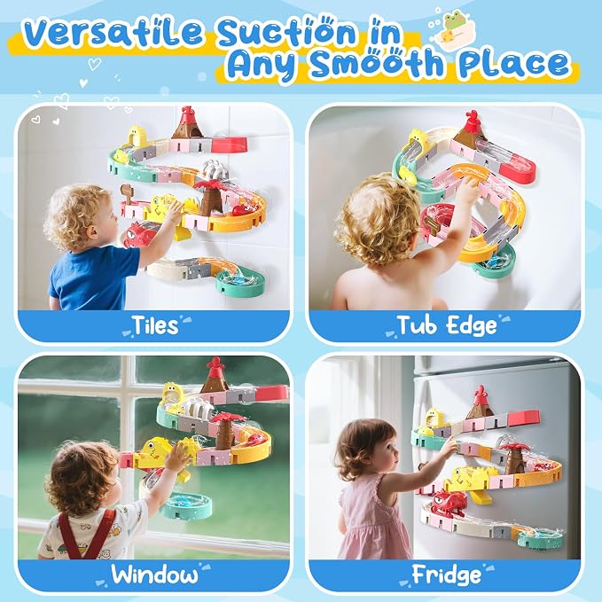 Dinosaur Bath Toys with Track & Fishing Rod – 47PCS Wall Suction Slide Playset for Toddlers, DIY Water Race Track with 6 Dino Toys, Bathtub Fun Gift for Kids Boys Girls Age 3+