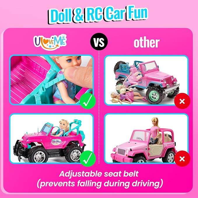 ULOVEME Purple Je ep Remote Control Car for Girls with 5.5" Doll & LED Lights, 2.4GHz Off-Road Trucks, 1:16 Scale Remote-Control Toy Car Holds 2 Dolls (Pink Car)