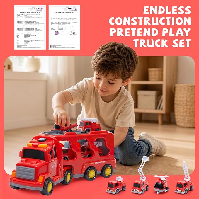 JoyRapt 5 in 1 Construction Truck Toys for Toddlers 3-5, Carrier Transport Trucks 4 Pack Small Pull Back Construction Vehicles Friction Power Cars, Christmas Birthday Gift Toys for Boys Girls.
