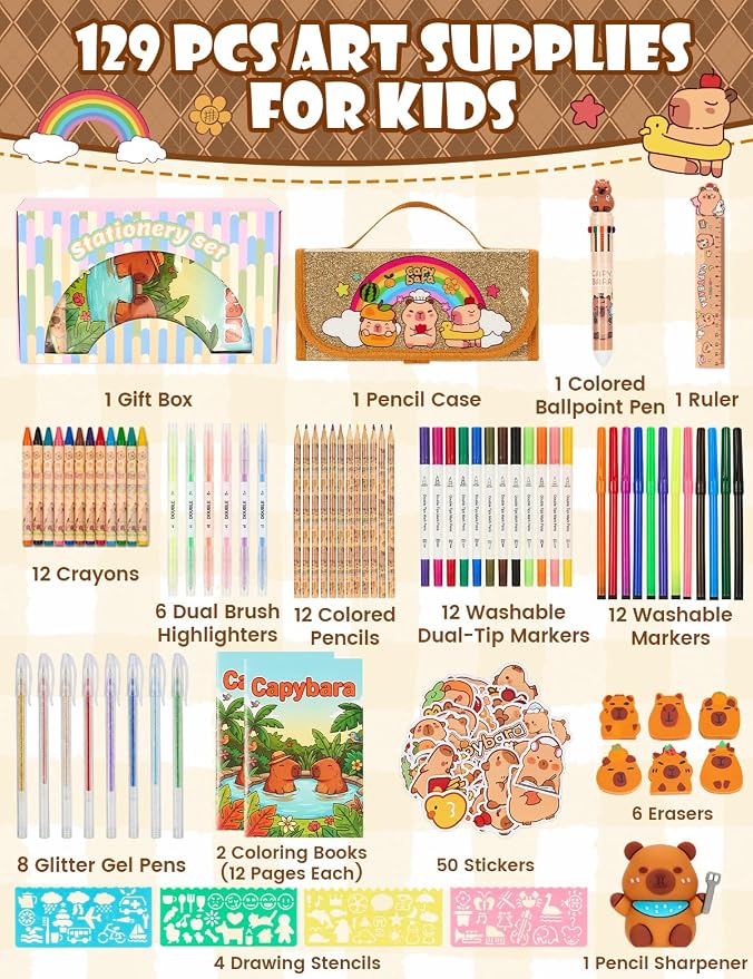 Defresit 129 PCS Washable Markers Set- Capybara Gifts for Girls, Art Supplies for Kids with Glitter Pencil Case, Coloring Kits for Kids, Ideal Gifts for Birthday Christmas Back to School