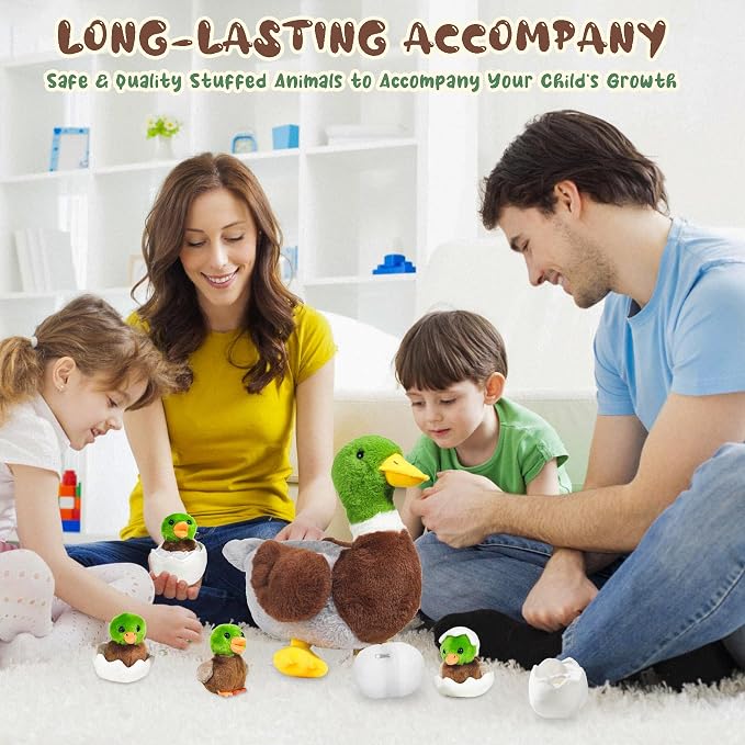 Youthfuljive 7 in 1 Mallard Duck Stuffed Animals Duck Plush Toys, 12" Zipper Mommy Stuffed Duck with 4 Baby Ducks Ducklings Eggs Green Duck Plushies Pillow for Kids Birthday Farm Party Decor
