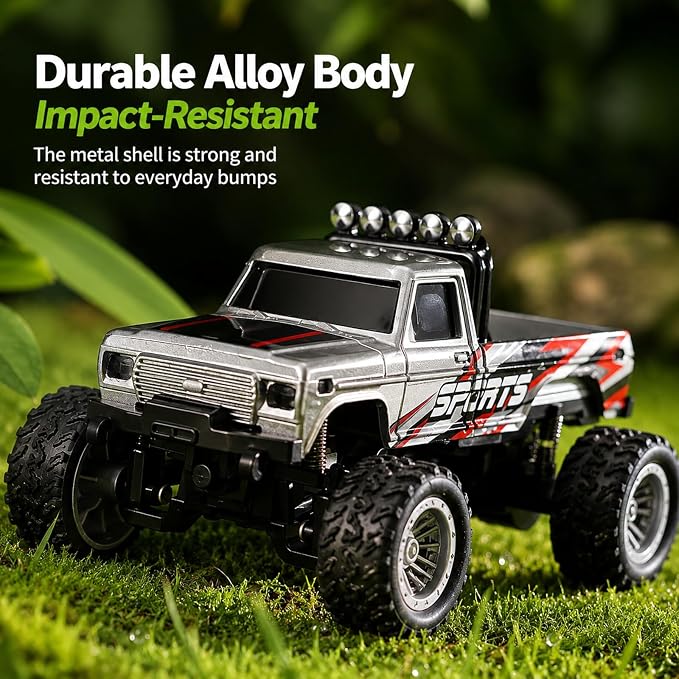 1:64 Scale Mini Remote Control Monster Truck with Trailer | 2.4GHz & App Dual Control, Alloy Mini RC Car with LED Lights, Portable Pocket Toy Car for Kids & Adults, Gift for Boys (Grey)