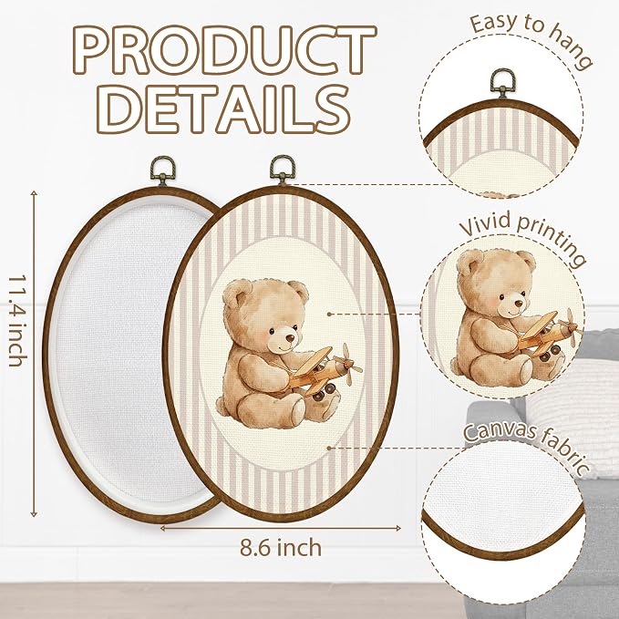 WULQYING Vintage Bear Airplane Nursery Wall Art Decor, Kids Room Oval Framed Canvas Art Prints, Pink Striped Airplane Bear Wall Hanging Decor for Kids Girls Room Bedroom Playroom, 8.6x11.4 Inches