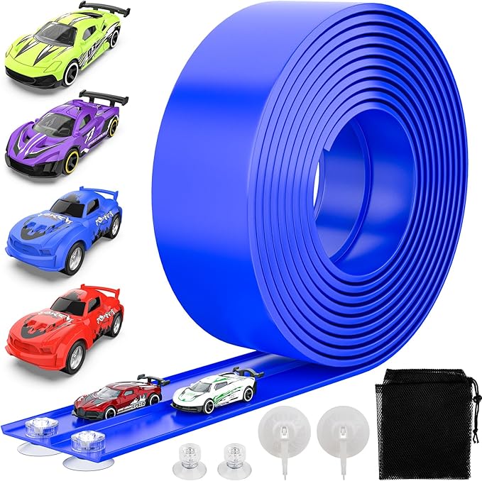 Wupuaait Flexible Race Car Track for Kids, 15Ft Race Track Toy with 4 Cars and Suction Cups, Rolls Up Portable Racetrack Compatible with All 1:64 Cars Toys, Birthday Gifts Toys for Boys Girls