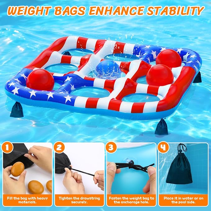Pool Toys Games for Kids - Inflatable Outdoor Water Toys for Adults and Family Giant US Flag Floating Board Swimming Pool Game Float with 10 Balls Outdoor Beach Toy for Adults Teens Kids