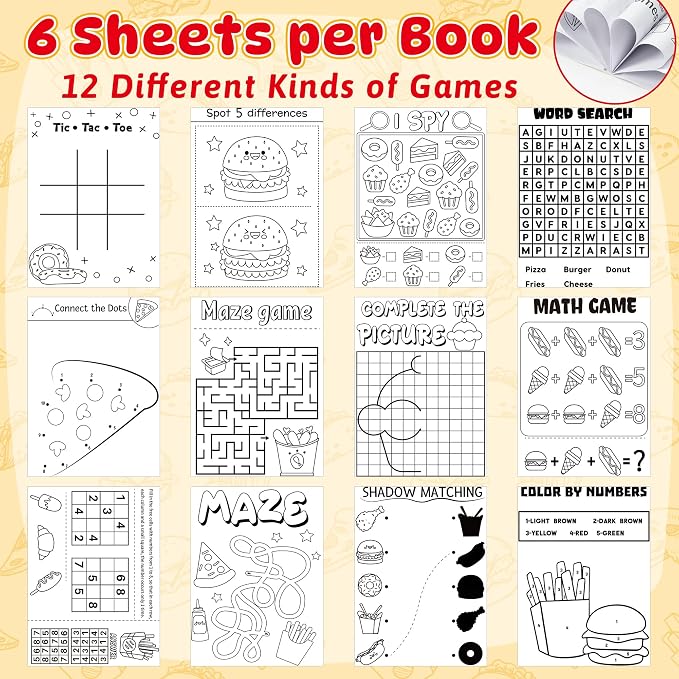Dvbonike 24Pcs Fast Food Activity Books - Fast Food Mini Fun Games Coloring Book Bulk with Burger Fried Chicken Fries Popcorn Party Favors Goodie Bag Stuffers Classroom Rewards Supplies