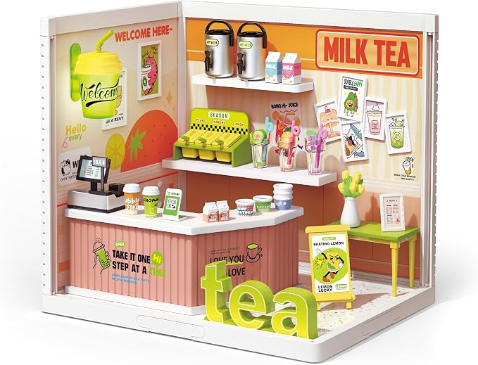 MINDNOOK DIY Miniature House Kit, LED Light-Up Dollhouse, Mini Dollhouse Building Set with Furniture, Craft Hobby Gift for Adults, Teens & Kids Ages 6+ (Milk Tea)