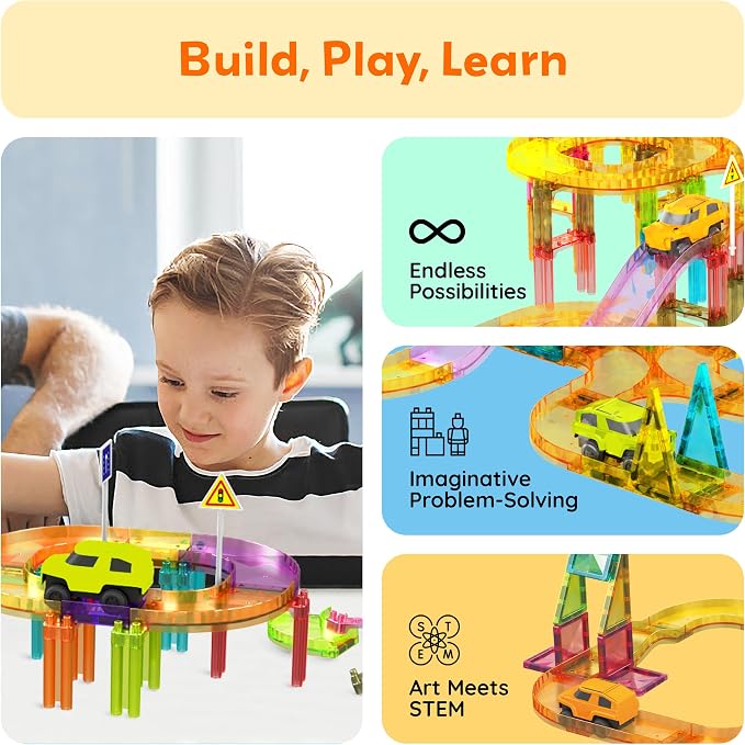 PicassoTiles 60pc Magnetic Tile Race Car Track Set STEM Construction Road Kit Building Blocks for Kids Toddlers Age 3 Plus Educational Travel Toy Sensory Preschool Learning for Boys and Girls PTMR60