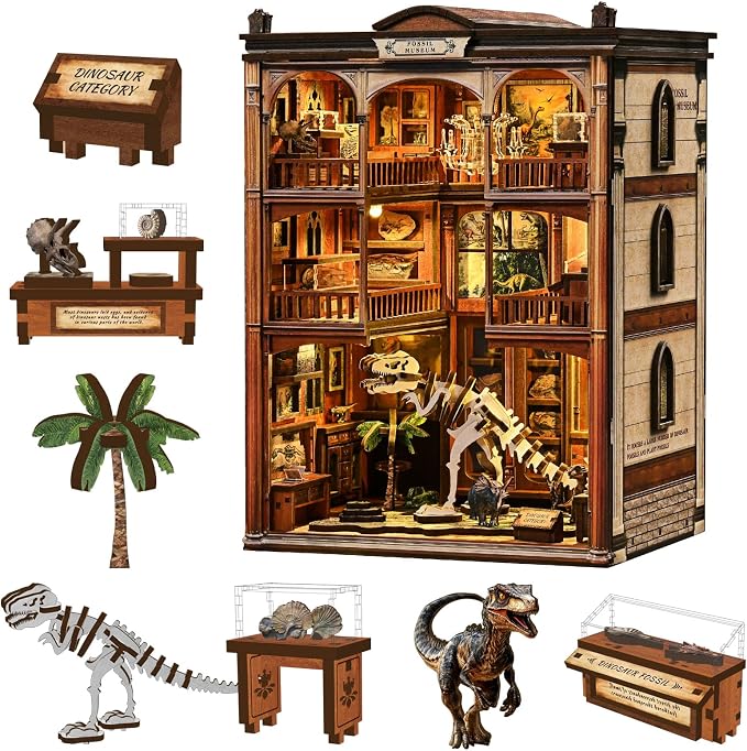 DIY Book Nook,with LED Light Bookshelf Decor, DIY 3D Wooden Dollhouse Puzzle, Craft Kit for Adults (Fossil Museum)