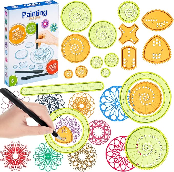 Chivao Spiral Art Kit Circle Stencils Drawing Tool Gear Geometric Ruler Circle Template Drawing Kit Plastic Spiral Curve Stencils with Pens Paper for Back to School Gifts DIY Crafts Sketch(Vivid)