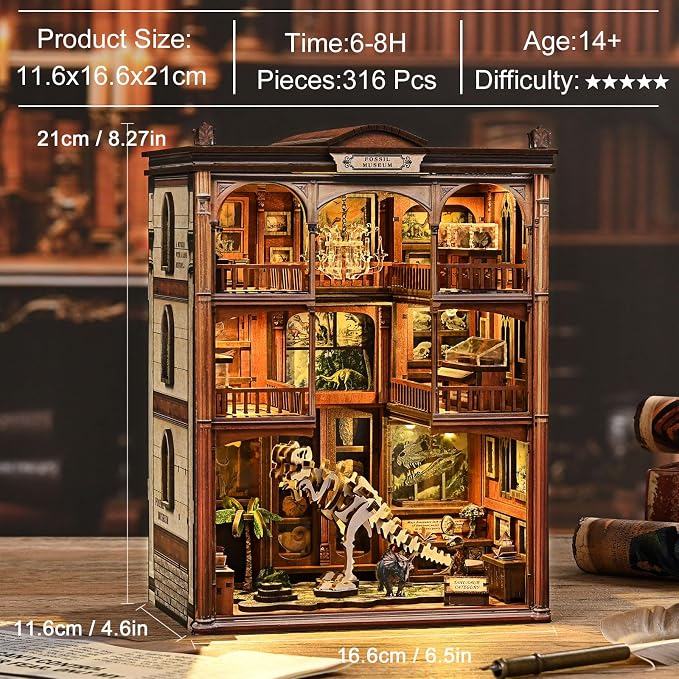 Book Nook 3D Wooden Puzzle Mini Building Kit DIY Dollhouse Diorama, Miniature Bookshelf Decor Unique Gift for Family and Friends - Fossil Museum