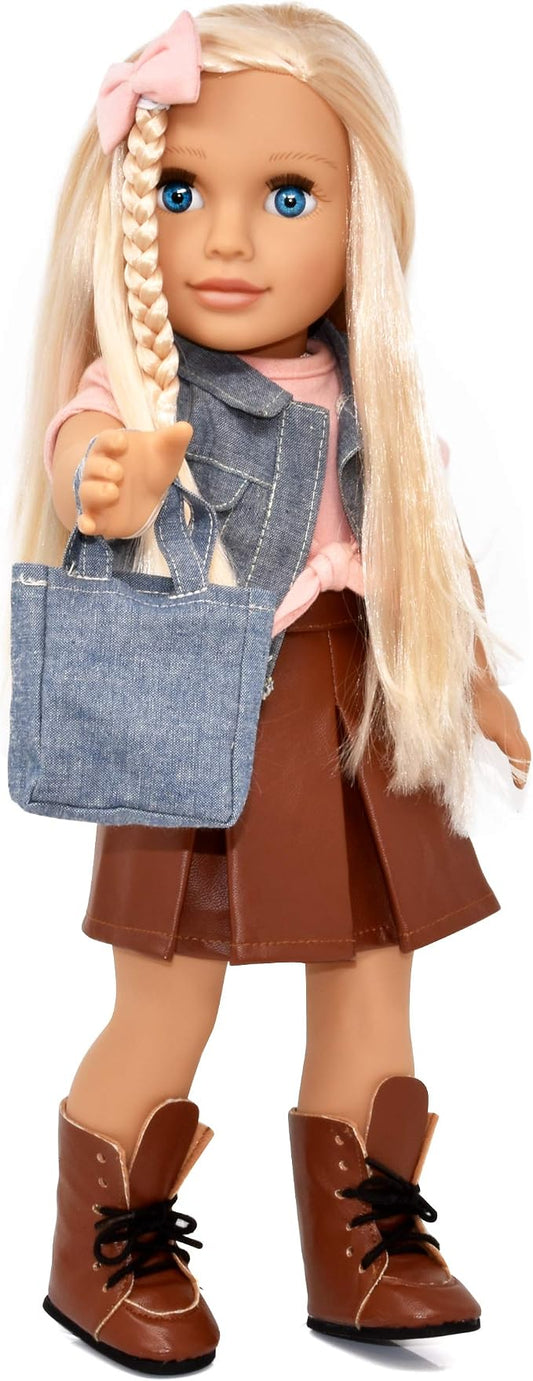 Gift Boutique 18 Inch Girl Doll, Fashion Doll with Fine Blonde Long Hair for Styling, Blue Eyes, Leather Boots, Denim Jacket Hair Bow Handbag, Clothes and Accessories Princess Doll for Kids