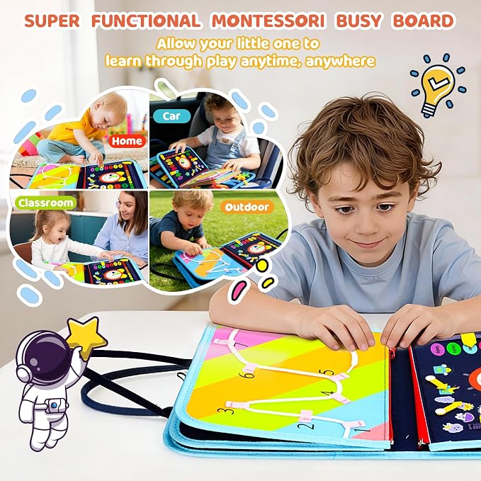 Toddler Busy Board Montessori Toys for Toddler 1-3 Year Old, Boy Birthday Gifts, Preschool Educational Montessori Busy Book Board, Felt Sensory Activity Board Sorting Toy Age 2-4 with Fine Motor Skill