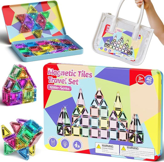 42 Pcs Mini Travel Glitter Magnetic Tiles Magnetic Block Set with Storage Box - STEM Educational Sensory Preschool Building Toy for Toddlers, Ideal Kids Gifts for Ages 2 3 4 5 6