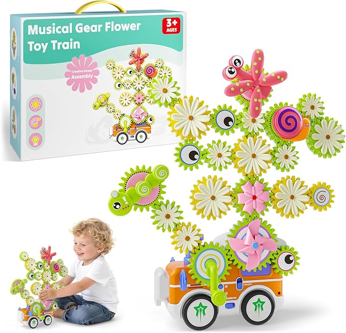 Gears Building Toys for Kids Ages 3+, STEM Construction Set for Toddlers, Train and Flower Models with Electric & Manual Modes, Lights and Music, DIY Educational Learning Toys Gift for Boys and Girls