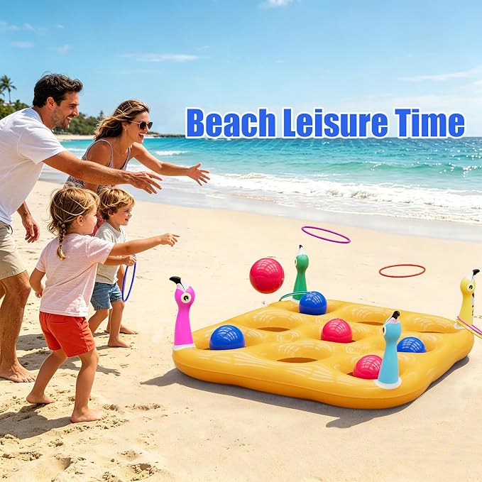 Flamingo Pool Toys Games Set, 2-in-1 Giant Inflatable Tic Tac Toe Float Game & Ring Toss Game with 10 Balls & 6 Rings, Outdoor Summer Fun Beach Yard Swimming Pool Games for Adults Teens Kids 6+
