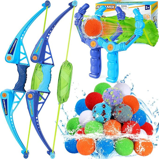 Reusable Water Balloons Set For Kids Outdoor, 2 pcs Bow and Arrow Ball Sets & 2 Slingshot Launcher with 24 Soft Water Balls, Pool Beach Yard Water Fight Fun, Summer Water Toys for Boys Girls Adults