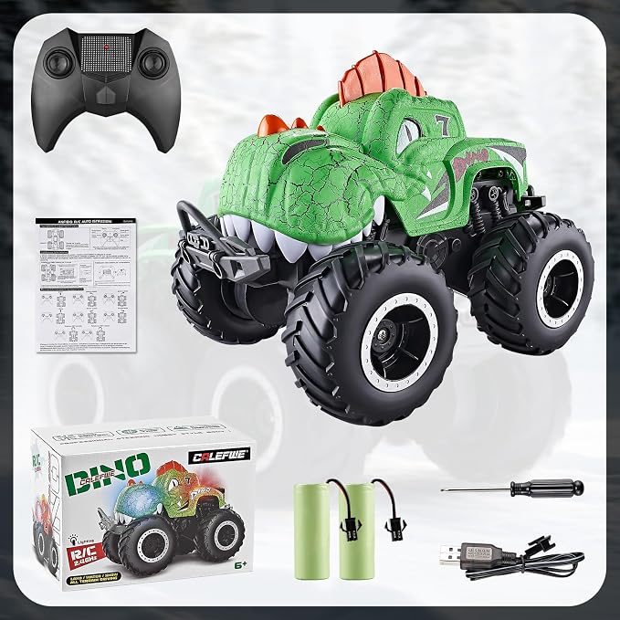Amphibious Remote Control Car, 1:20 Waterproof Dinosaur Monster Trucks for Boys Age 4-7, 2.4GHz All Terrain RC Cars with 2 Batteries, 360° Rotating Stunt RC Car Toy Birthday Gift for Kids 3-5