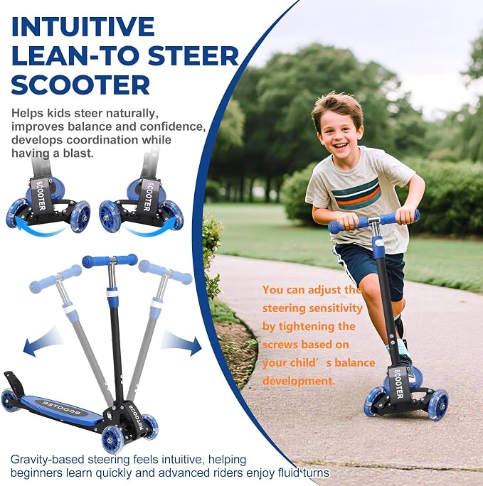 3 Wheel Scooter for Kids Ages 3-12, LED Light-Up Kids Kick Scooter–Portable Foldable, Adjustable Height, Durable Metal Construction, 6" Extra Wide Deck for Outdoor Activities,Child Safety Certified