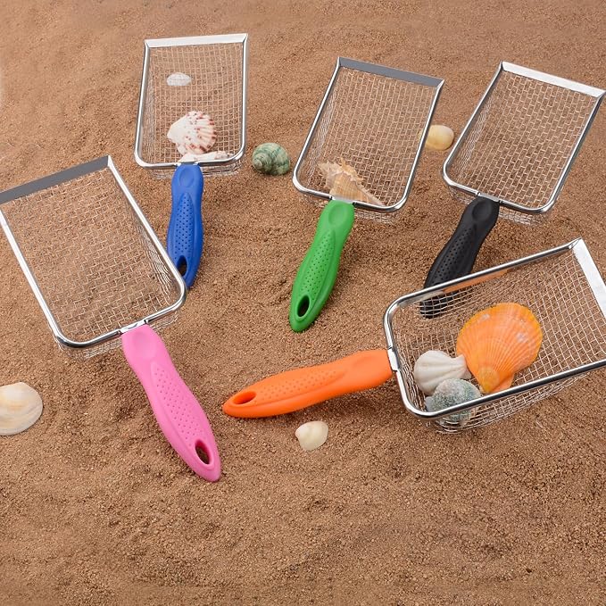 MUYIZI Beach Mesh Shovel with Mesh Beach Bag for Shell Collecting, Kids Sand Sifter for The Beaches,Shell Scooper for Beaches,Shark Tooth Sifter Dipper,Sea Shell Bags for Kids,Sand Toy (Orange+Green)