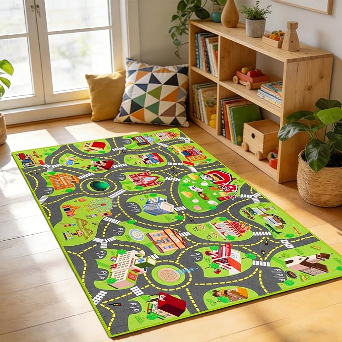 Kids Car Rug Play Mat, Non Slip City Road Carpet for Kids Toy Cars, Car Track Rug Play Mats for Floor, Educational Vehicle Rugs for Playroom Bedroom Kids Room, Machine Washable (60"X36", A)
