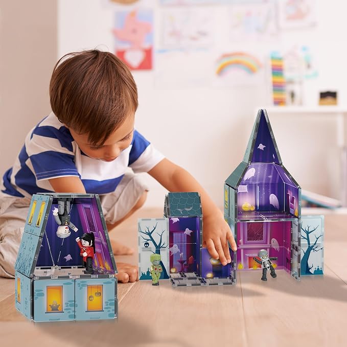 PicassoTiles Scary Haunted House Magnetic Tiles Building Block with 8 Halloween Theme Action Figure Magnet Construction Toy Kit Double-Sided Mansion STEM Playset Adventure Boys & Girls Ages 3+ PTQ03