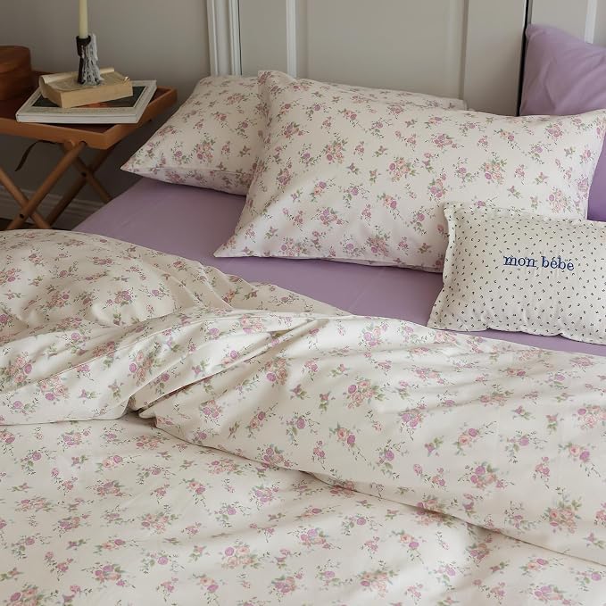 Vintage Garden Floral Comforter Set Full Size Cute Pink Floral Bedding Comforter Soft Fluffy Reversible Botanical Flowers Comforter with 2 Pillowcases Boho Cottagecore Bedding Full Comforter Set