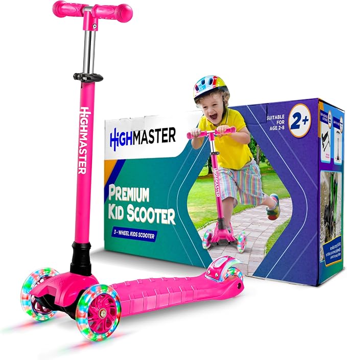 HighMaster Kids Scooter – 3 Wheel Kick Scooter for Children and Toddlers – Adjustable Handlebar with LED Wheel Lights – Indoor and Outdoor Fun