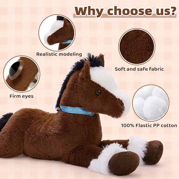Tezituor 4ft Realistic Giant Horse Stuffed Animals, 47 inch Chocolate Large Stuffed Horse Farm Plush Toy, Hugging Soft Pony Plush Body Pillow for Boys Girls Christmas Birthday