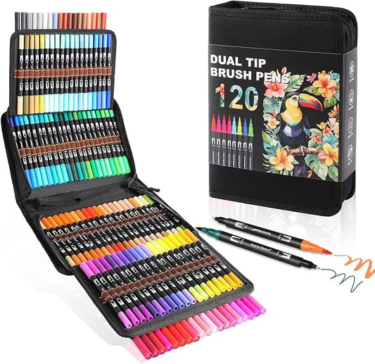TOSHARE 120 Colors Brush & Fine Dual Tip Watercolor Markers for Adult Coloring Books No Bleeding Paint Pens For Drawing Note Taking Planner Calligraphy Journaling Card Making Back-to-School Supplies