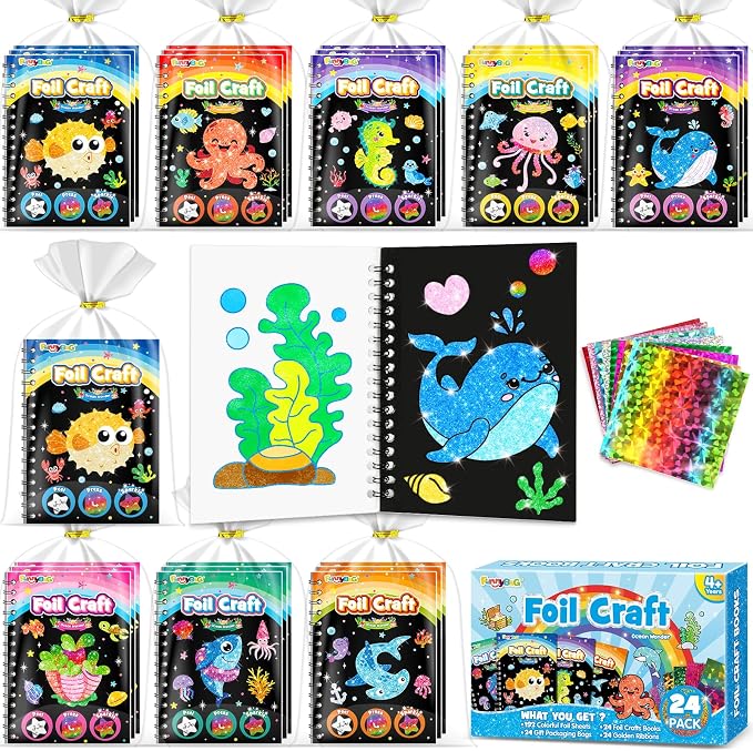 FUNNYB&G Foil Art Party Favors for Kids - 24 Pack Foil Art Crafts Kits Coloring Books, Goodie Bag Stuffers Party Favors for Kids 4-8 8-12, Bulk Birthday Classroom Prizes Girls Boys Gifts (Ocean)