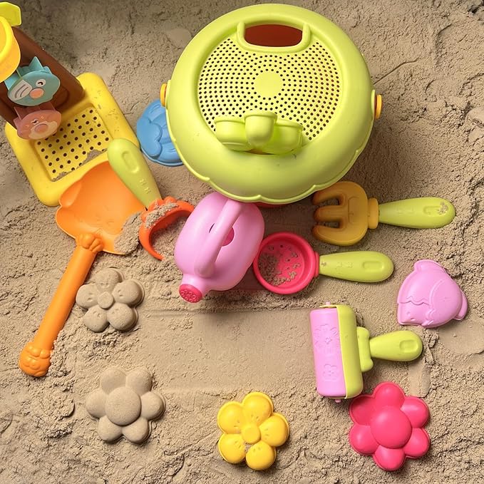 IOKUKI Sand Toys with Mesh Bag Including Sand Water Wheel, Beach Buckets, Shovels, Rakes, Molds, Outdoor Beach Toys Tool Kit for Kids, Toddlers, Boys and Girls (17 PCS) Age 3+