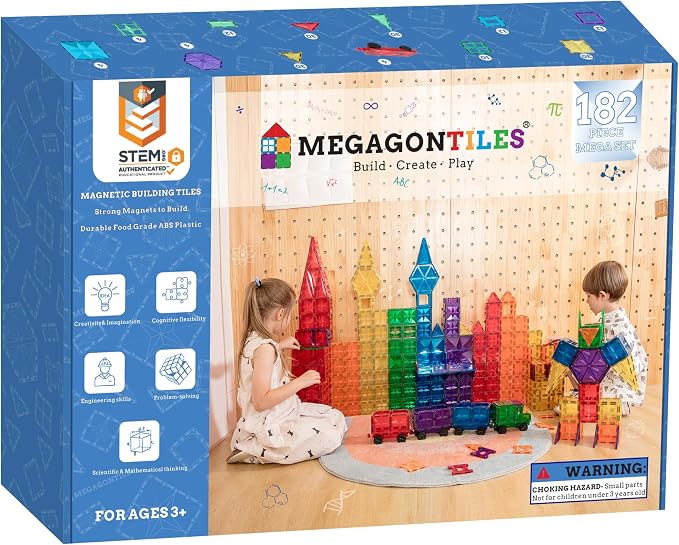 MEGAGONTILES 182PCS Premium Magnetic Tiles Set | STEM-Authenticated Magnetic Building Blocks | Educational Construction Toy for Kids Ages 3–8 (Boys & Girls)